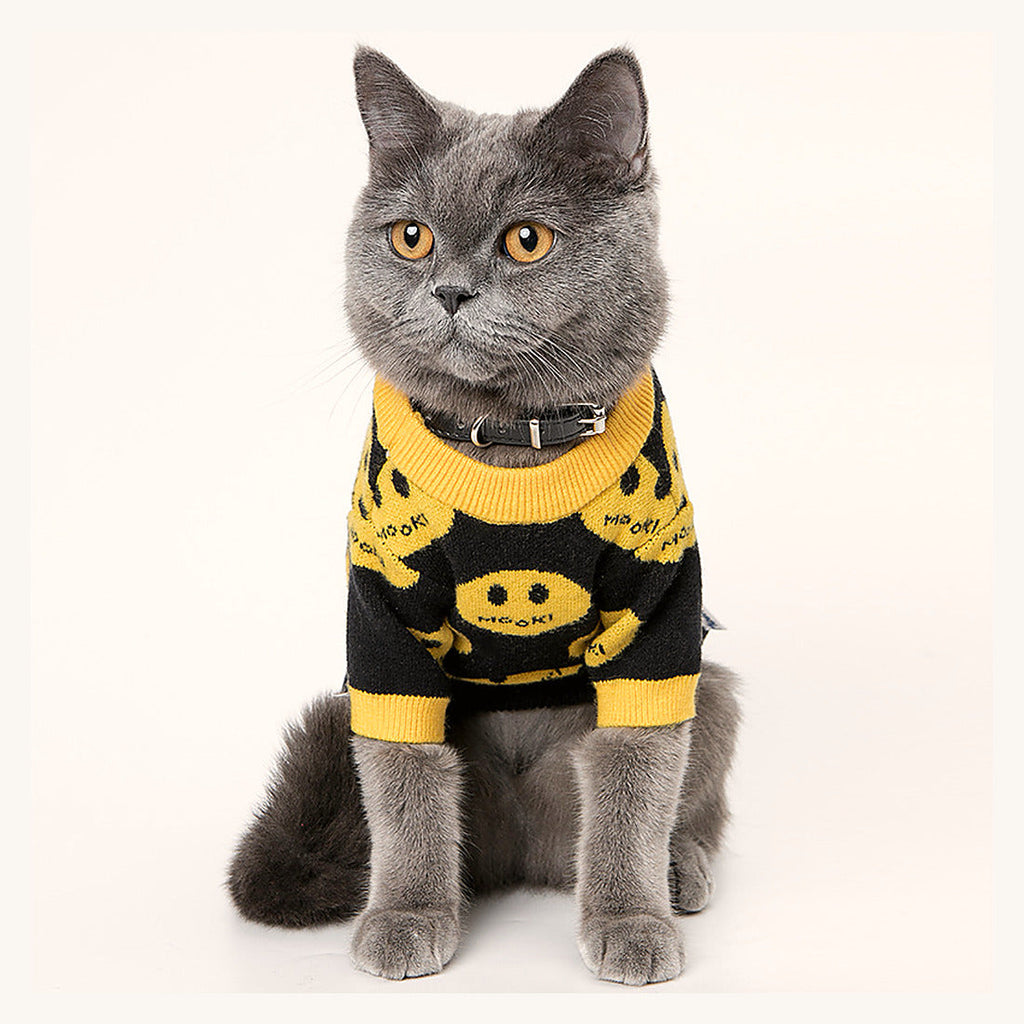 Chat gris portant le chandail à motif sourires