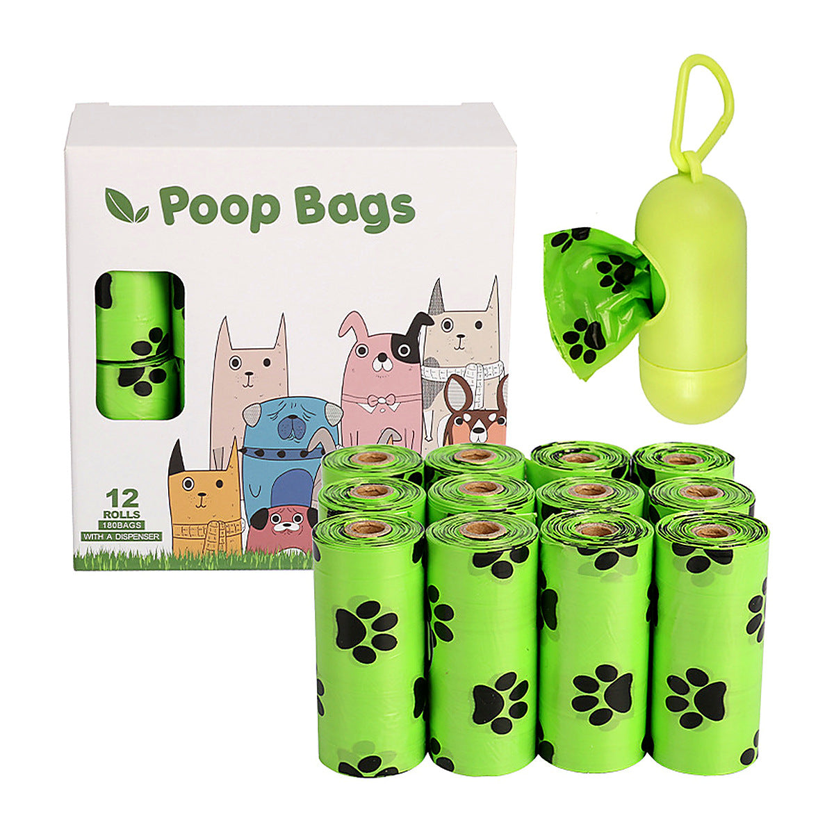 Rouleaux de sacs verts avec distributeur