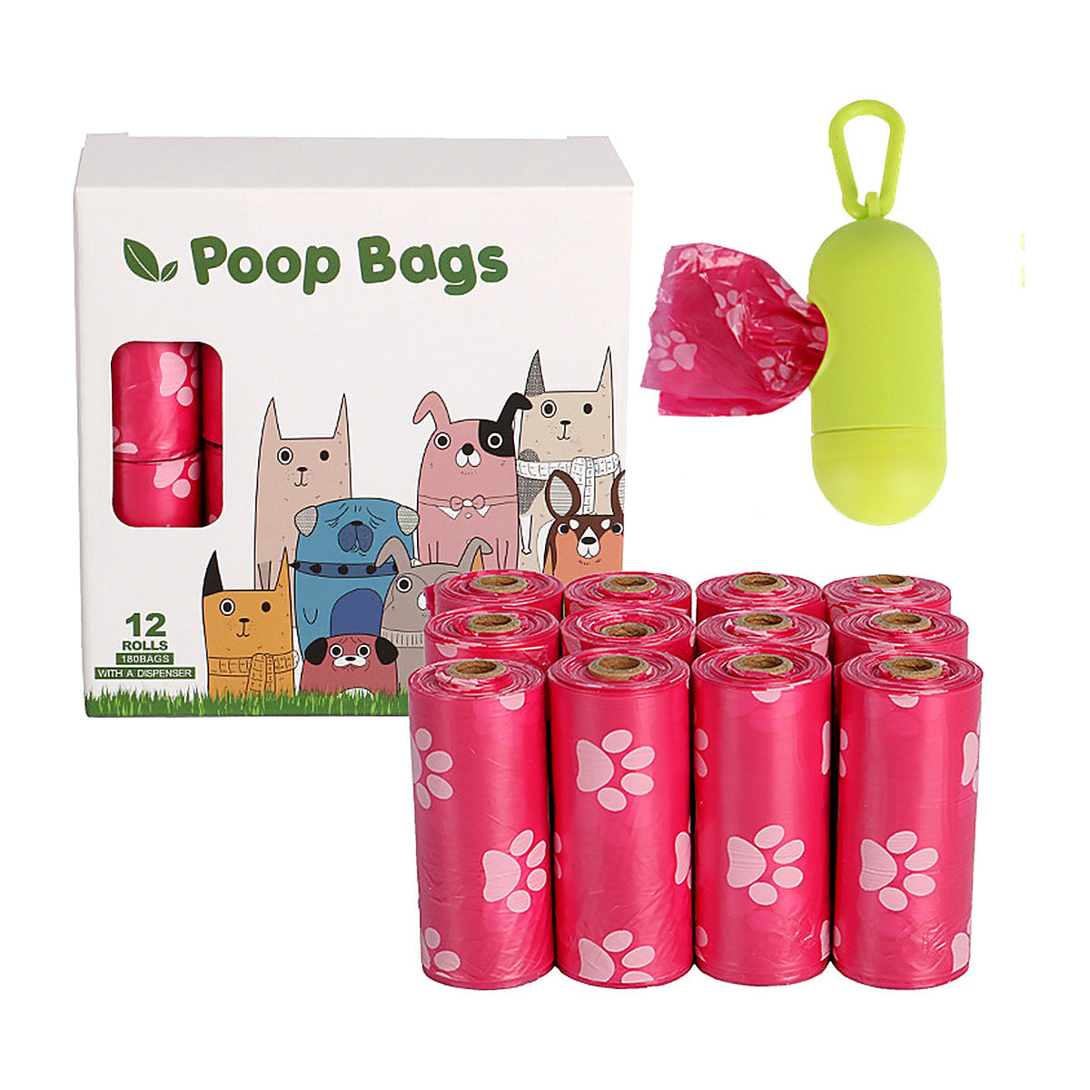 Rouleaux de sacs roses avec distributeur